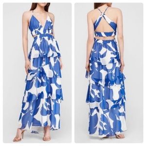 NWT Express Women’s Blue White Floral Print Ruffle Maxi Dress -Size XS #38